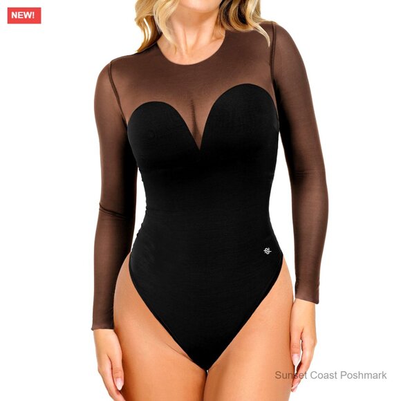 Long Sleeve Mesh Bodysuit Tummy Control Shapewear Corset Top
